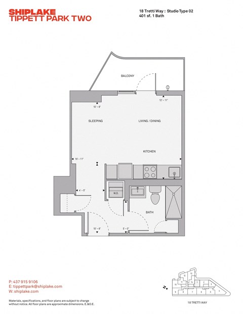 Floor plan for studio, 1 bath, 401 sqft